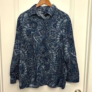 Susan Graver Corduroy Long Sleeve Button Up Shirt Paisley Print Blue Large